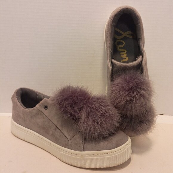 SAM EDELMAN Leya Sz 7.5US/37.5EU Gray Suede Faux Fur Pompoms Stringless Sneaker - Picture 1 of 12